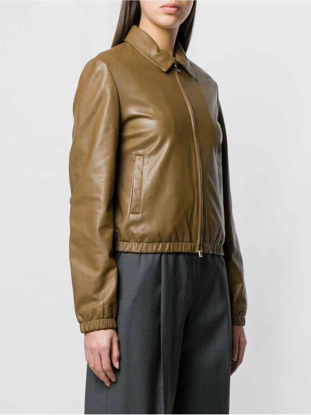 Theory 2 Staple Bomber Brown Leather Zip-Front Jacket Oiled Nappa